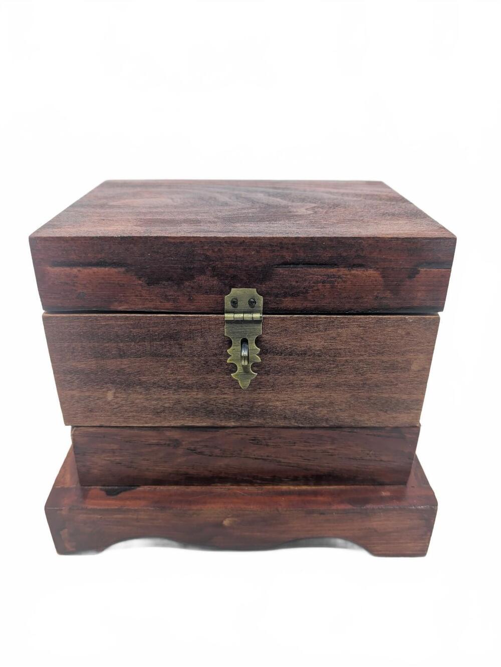 Vintage Artist Signed Engraved Wooden Jewelry Keepsake Box Dovetail Brass